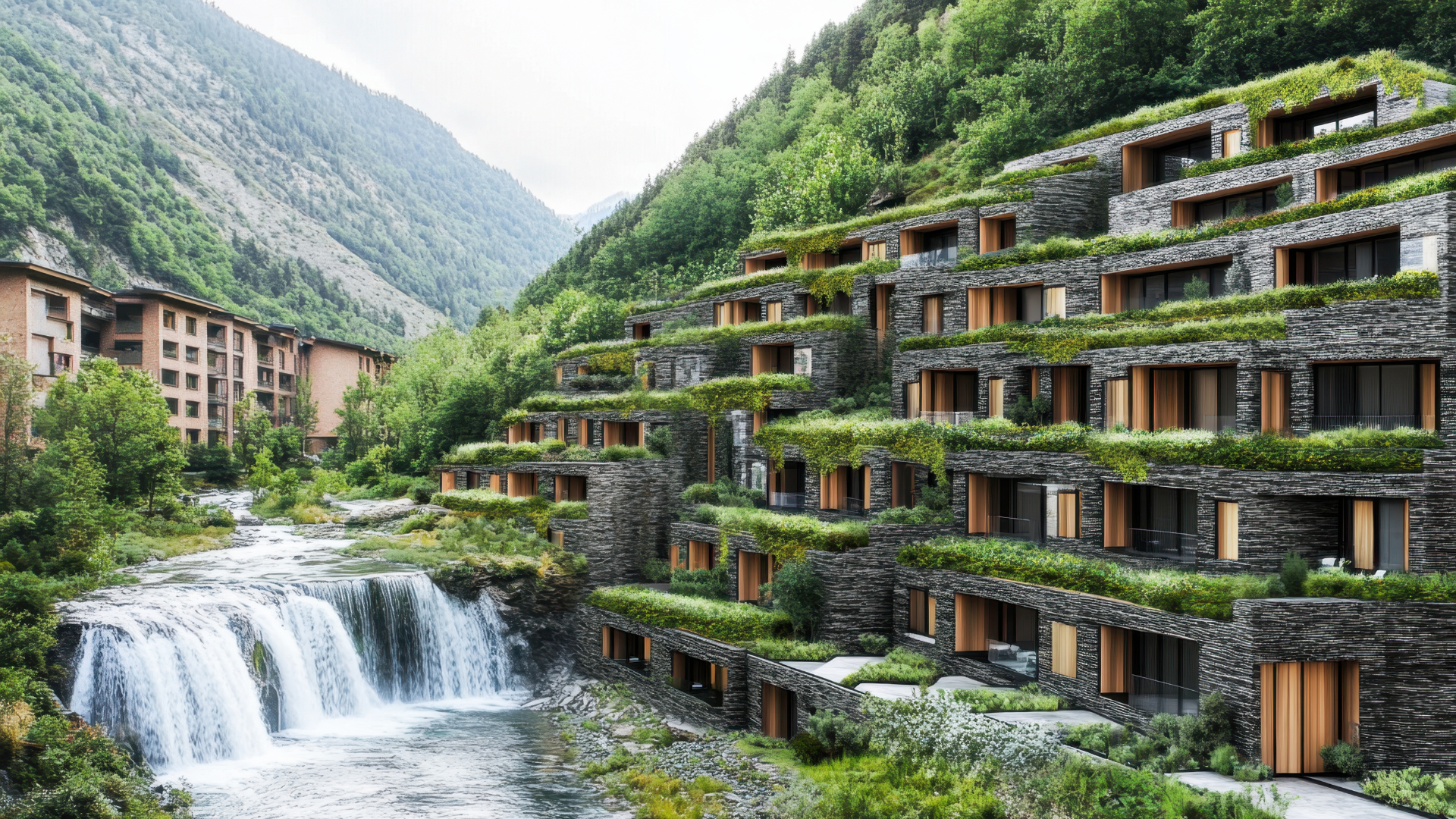 eco logge with greenery and waterfall 