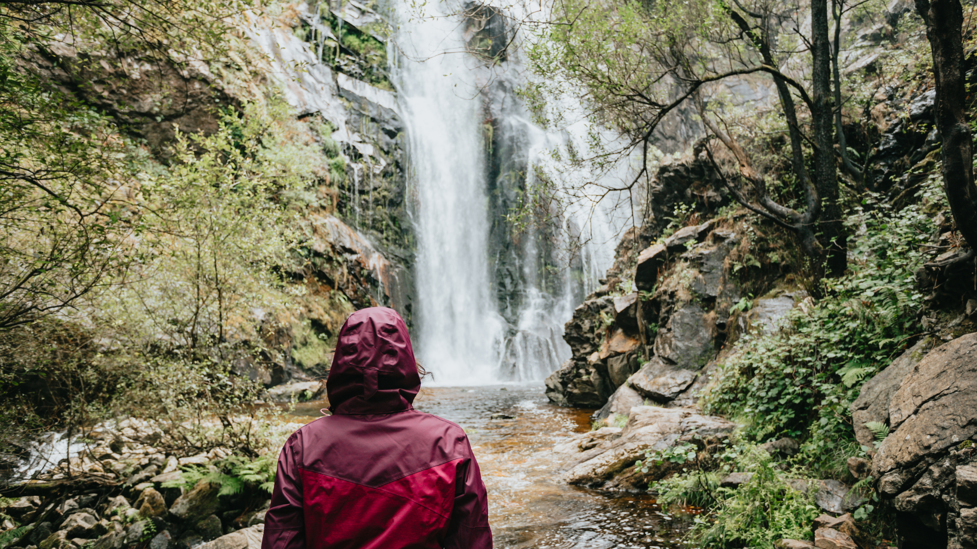woman in red raincoat looking at waterfall in nautre